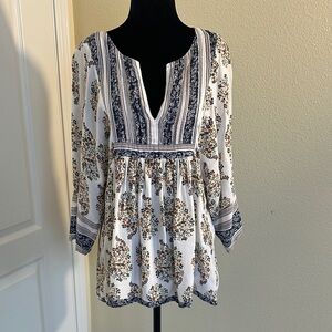Lucky Brand Floral Tunic - White, blue & earth tones. Size medium.